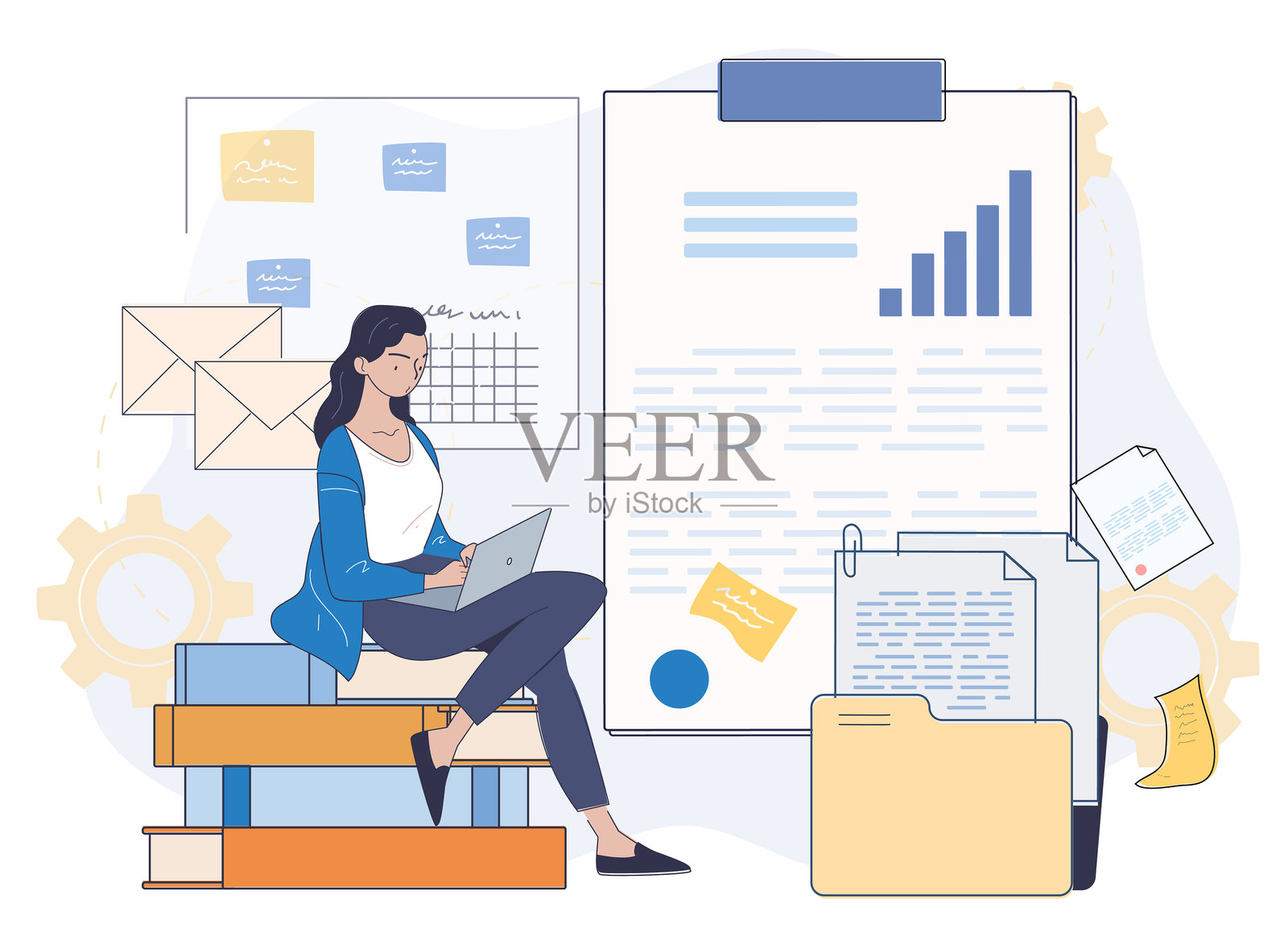 女性在使用笔记本电脑处理文件。矢量插图插画图片素材