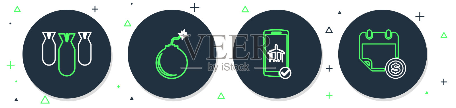 设置好即将爆炸的线路炸弹，手机飞行模式，航空炸弹和财务日历图标。矢量图。插画图片素材