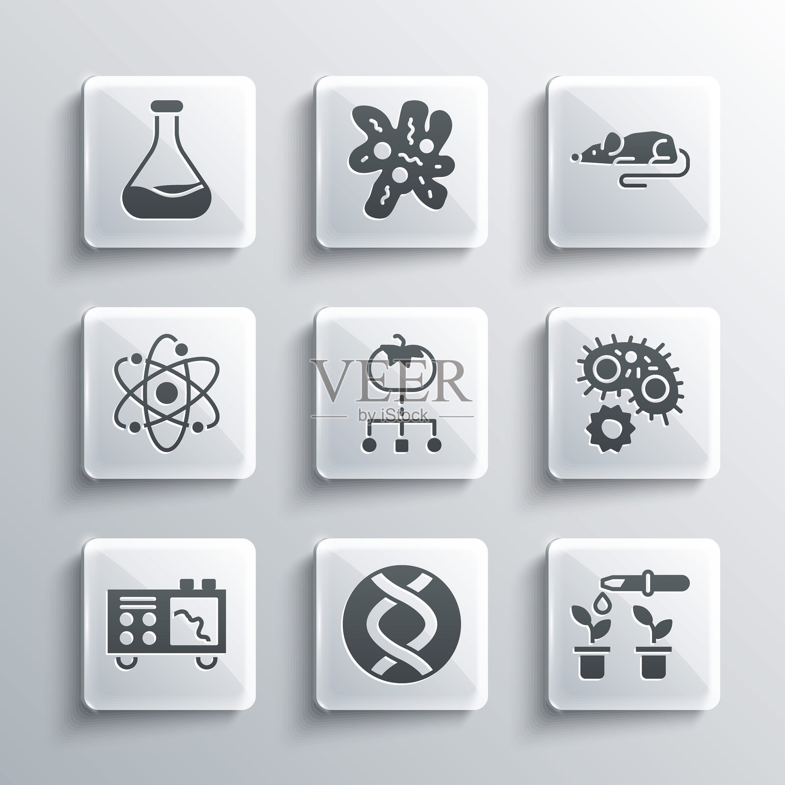 DNA符号、移液管和植物、病毒、转基因食品、光谱仪、原子、试管和实验小鼠图标。矢量图。插画图片素材