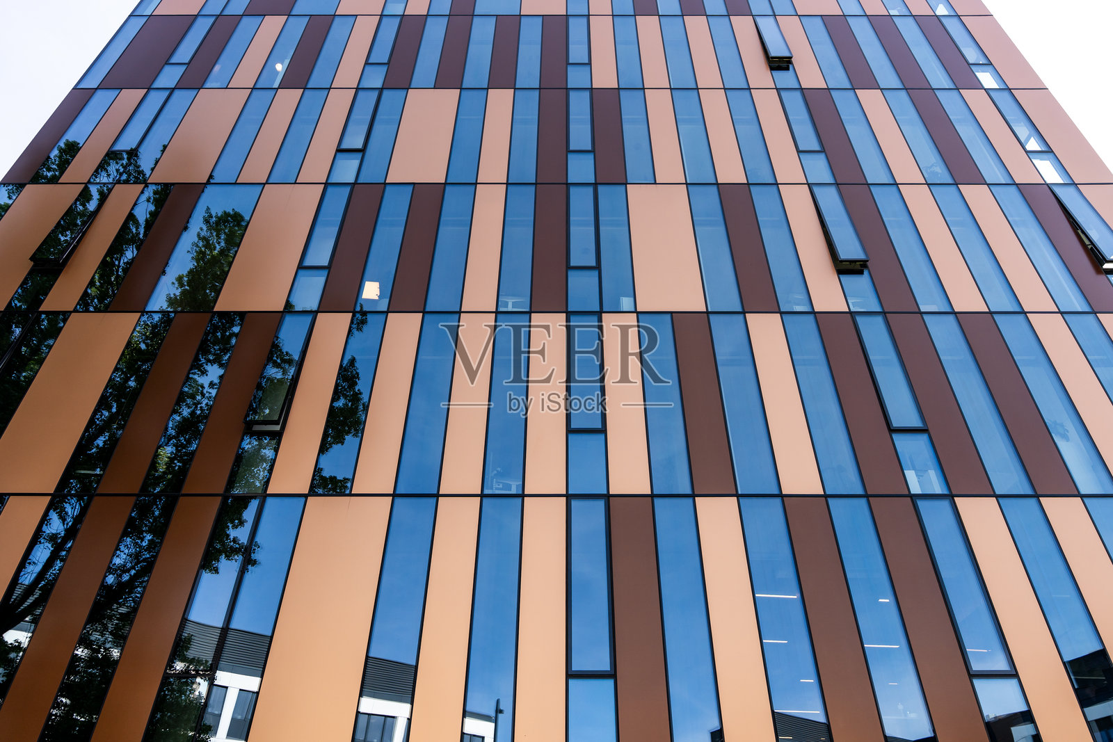 现代建筑外立面的特写，交替的棕色和蓝色玻璃面板反射着树木和天空，展示了当代建筑风格。照片摄影图片