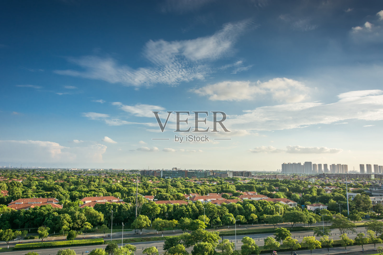 令人惊叹的城市风景，绿意盎然，蓝天清澈照片摄影图片