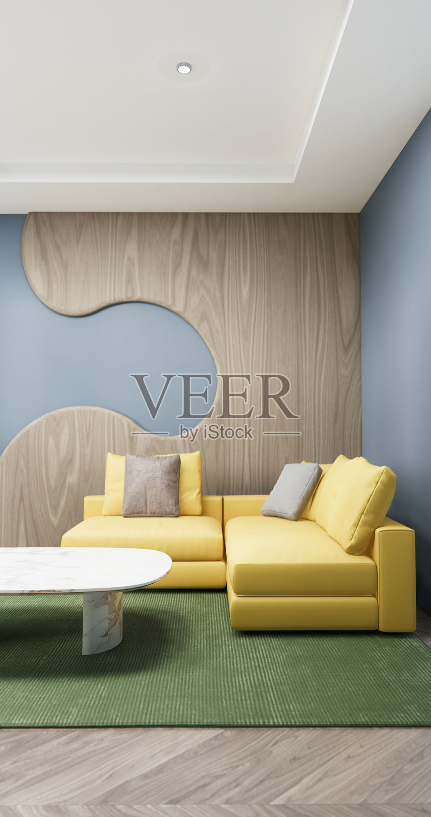 灰蓝色墙壁的客厅室内设计，配有现代沙发和装饰。3D渲染图。照片摄影图片