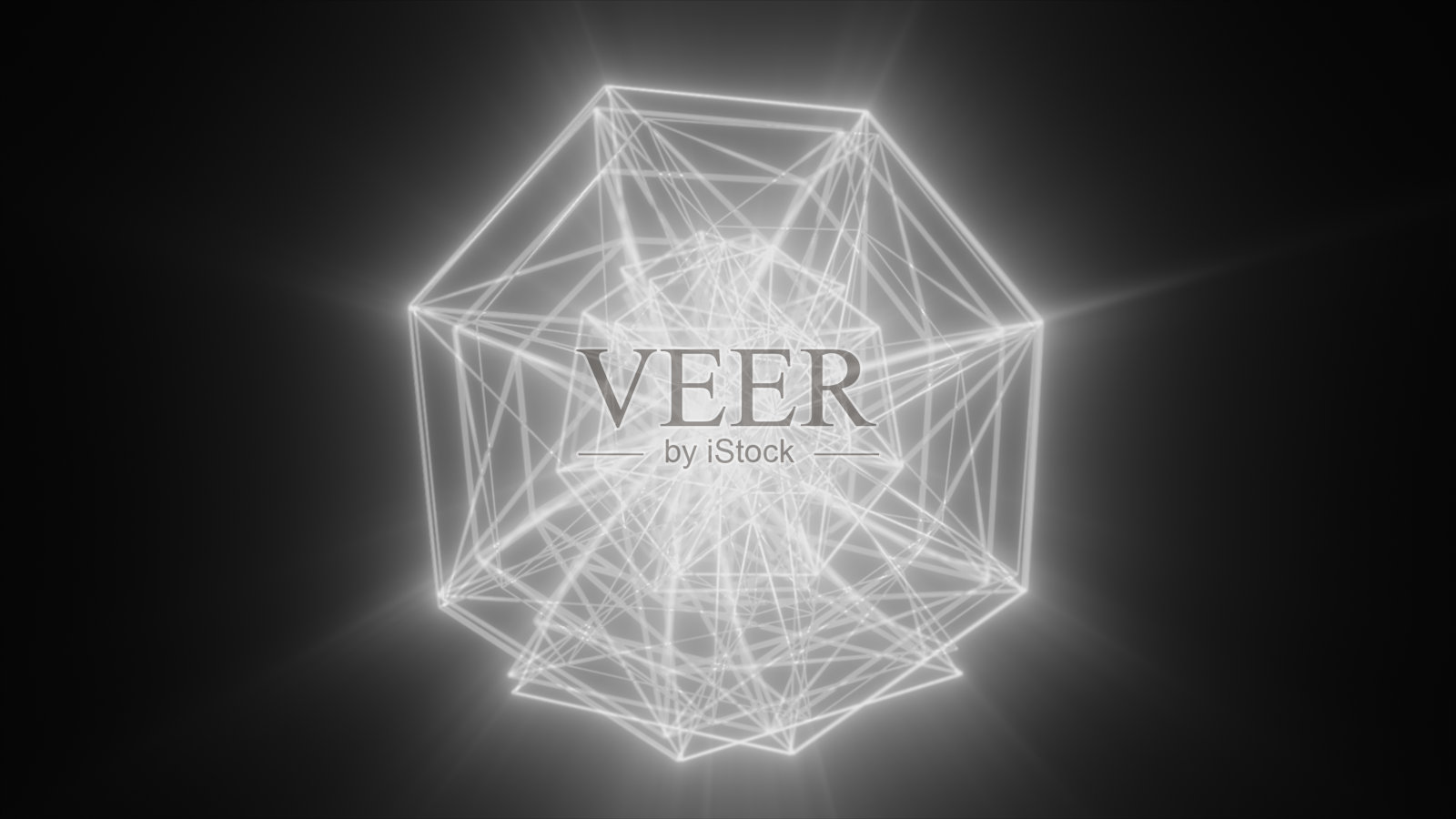 明亮的白色几何光球，周围有辐射的网络线条，背景为黑色照片摄影图片