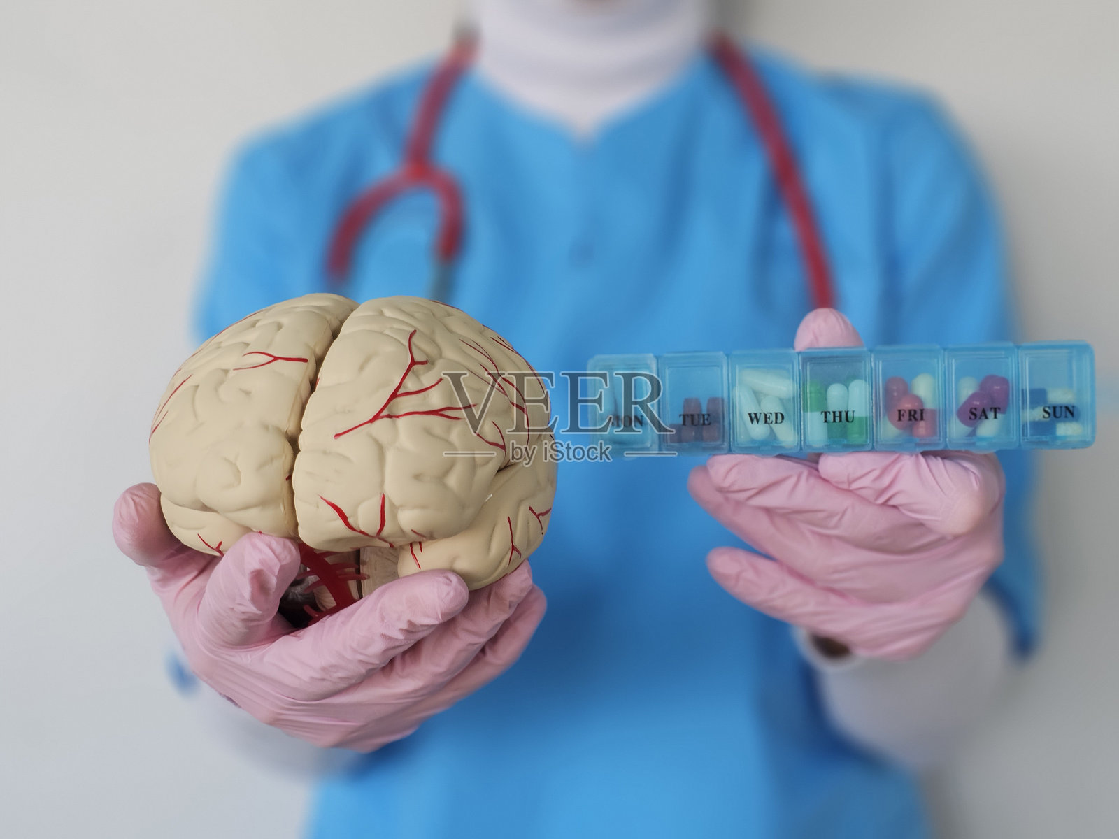 医疗专业人员手持大脑模型和每周药物分配器照片摄影图片