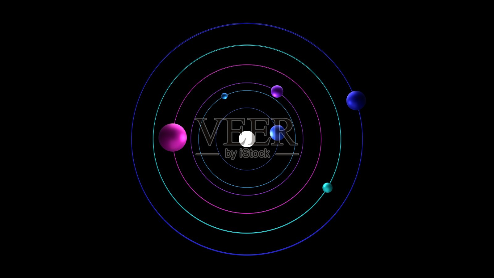 色彩斑斓的轨道模型，背景为黑色，展示行星和环，代表数字宇宙或太阳系概念。透明jpg。照片摄影图片