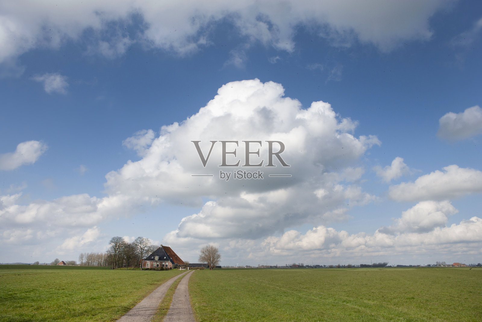 弗里斯兰省荷兰乡村的弗里斯兰村庄和风景。历史悠久的农舍、房屋和教堂位于乡村环境中。靠近吕伐登。照片摄影图片