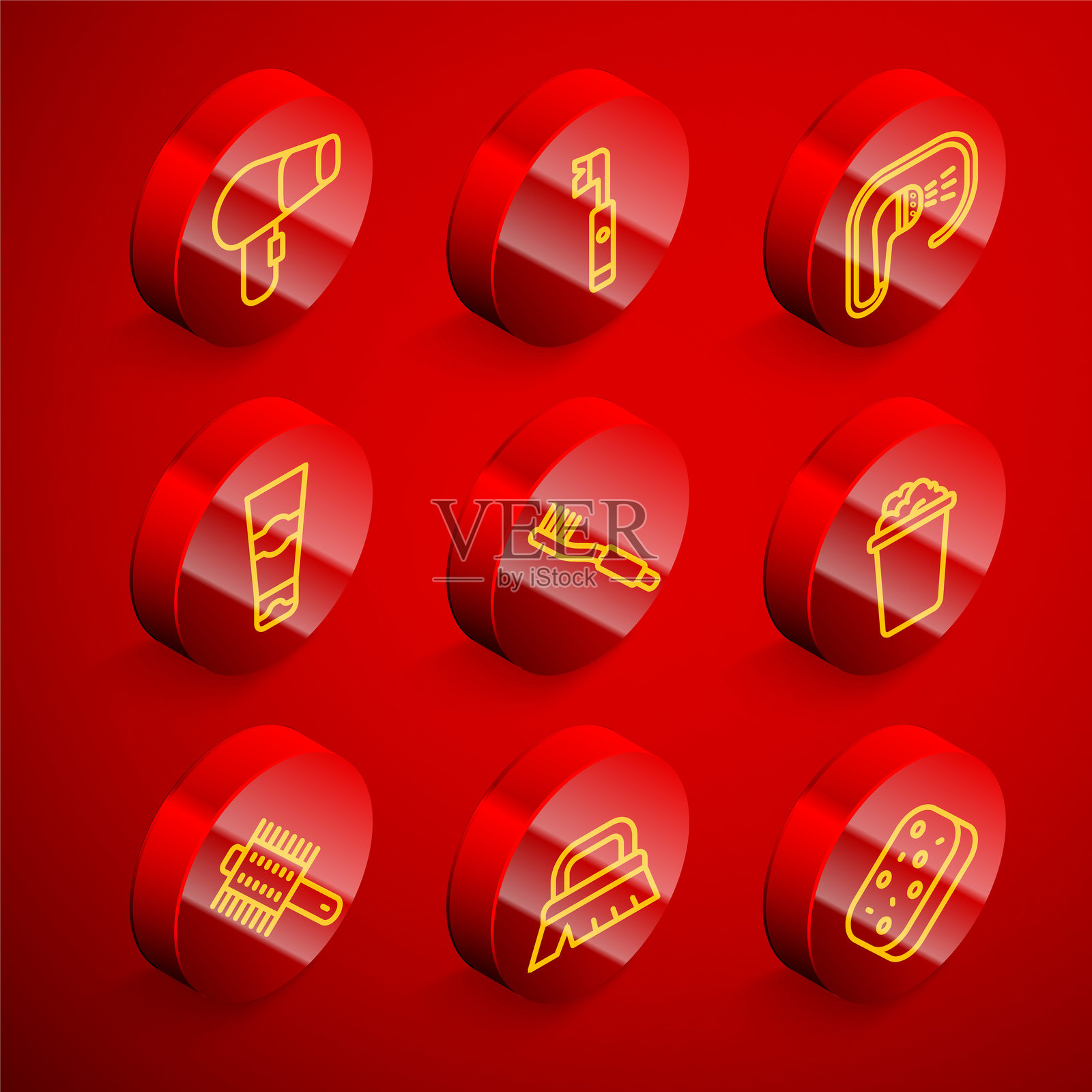 线条图标：吹风机、电动牙刷、淋浴、牙膏、牙刷、装有肥皂泡的桶、发刷和清洁刷。矢量图。插画图片素材