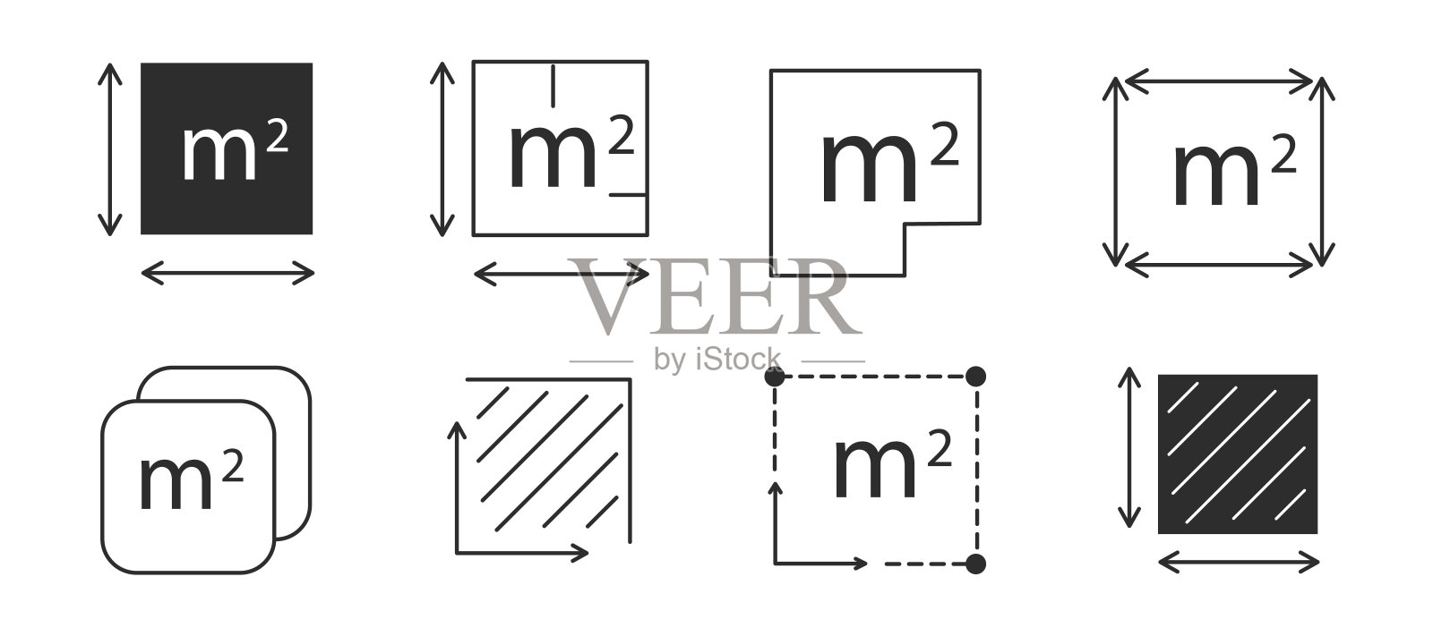 平方米图标线条数量区域，m2测量面积标志符号。简单的领土测量。平面区域平方米。矢量插图。插画图片素材