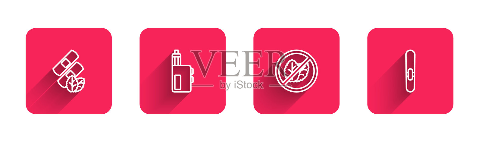 医疗尼古丁贴片、电子烟设备、无烟草叶和长阴影的雪茄。红色方形按钮。矢量图。插画图片素材
