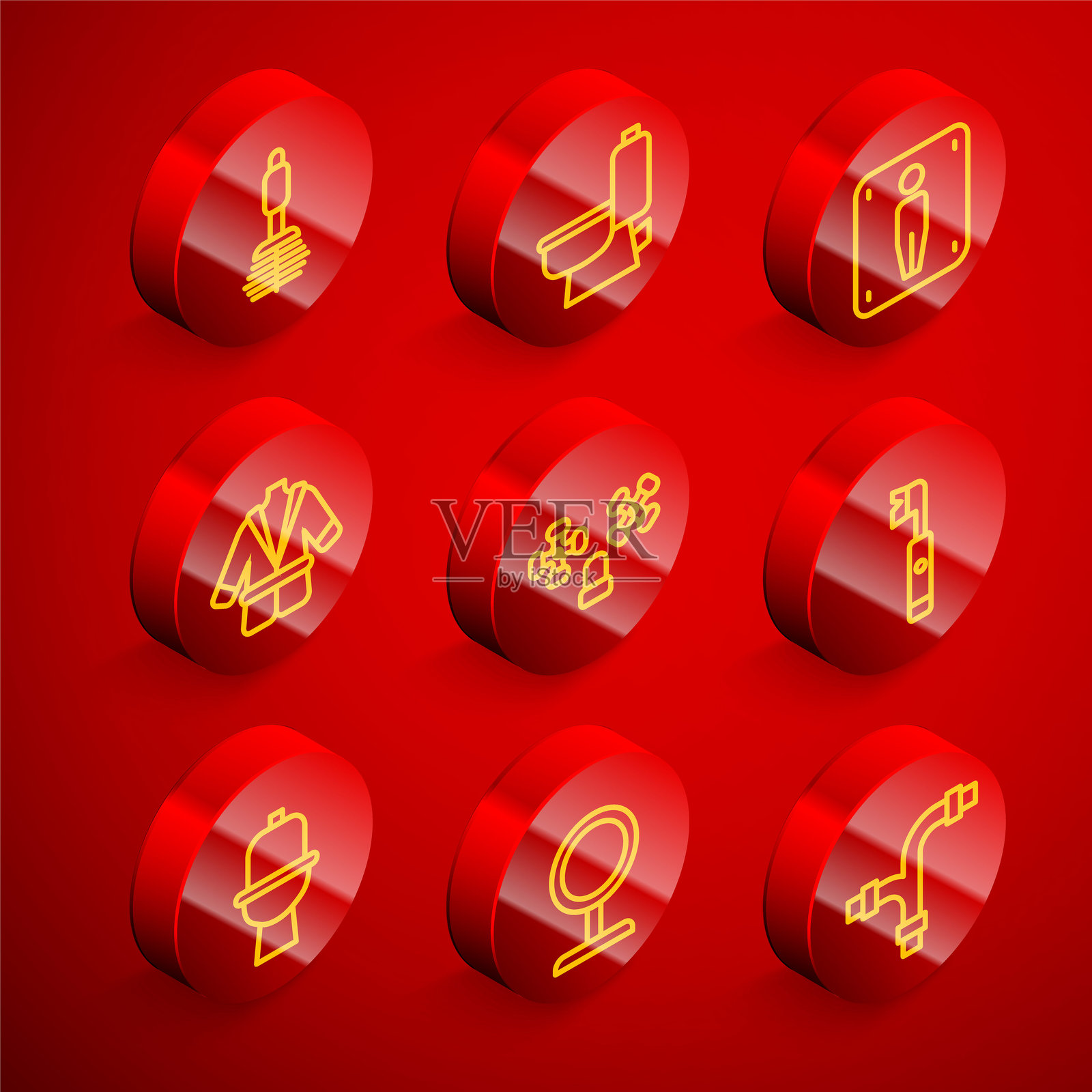 设置线条图标：马桶刷、马桶、男士厕所、浴袍、水龙头、电动牙刷和圆形化妆镜。矢量图。插画图片素材