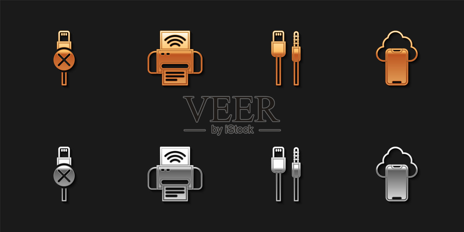 无USB数据线，智能打印机系统，USB和云技术数据图标。矢量图。插画图片素材