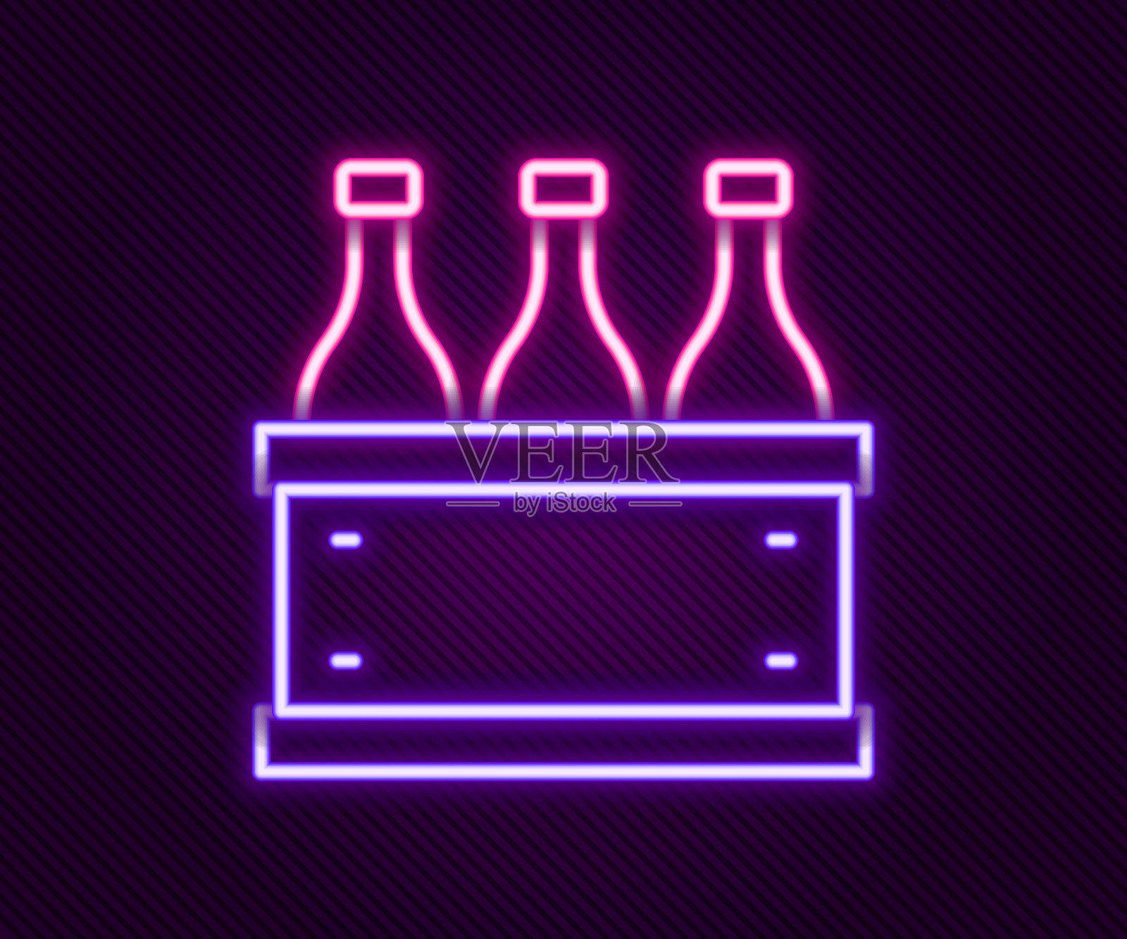 发光的霓虹线条酒瓶在黑色背景上的木箱图标。木箱中的酒瓶图标。彩色轮廓概念。矢量图。插画图片素材