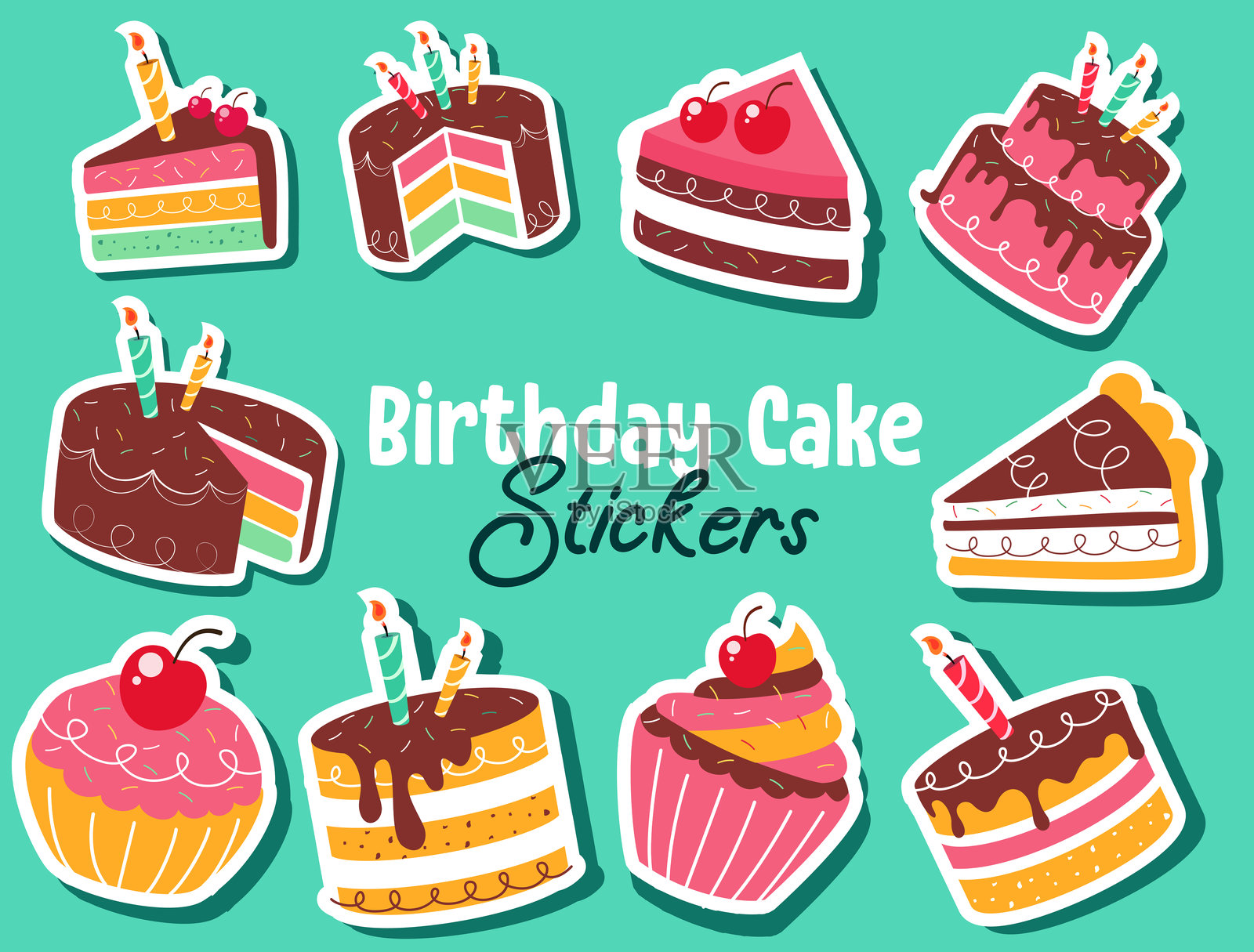 生日蛋糕贴纸剪贴画套装。生日派对装饰的杯子蛋糕贴纸元素，甜美的甜点。插画图片素材