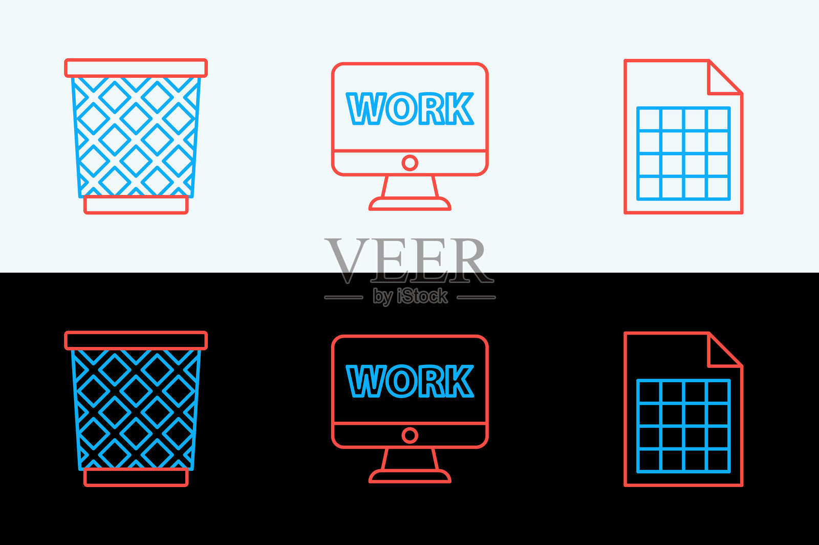 文件文档、垃圾桶和带有工作图标的显示器的线条图。矢量图。插画图片素材