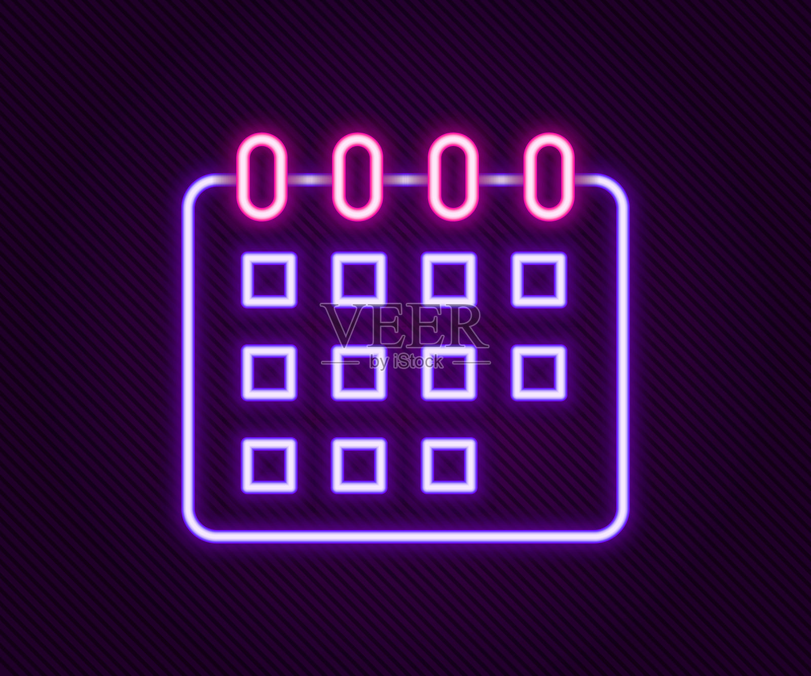 发光的霓虹线日历图标，独立于黑色背景。事件提醒符号。彩色轮廓概念。矢量图。插画图片素材