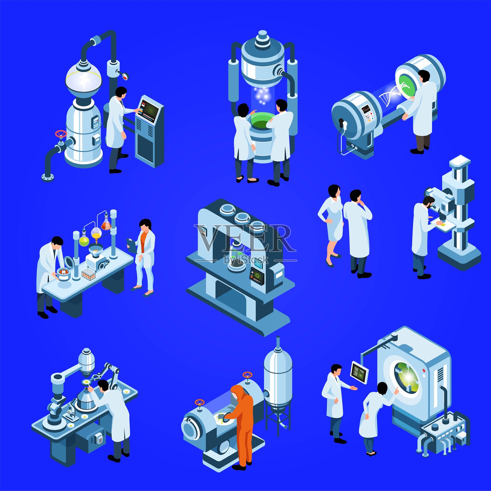 生物技术等距图集，科学家们在实验室中使用现代设备工作，孤立的矢量插图插画图片素材