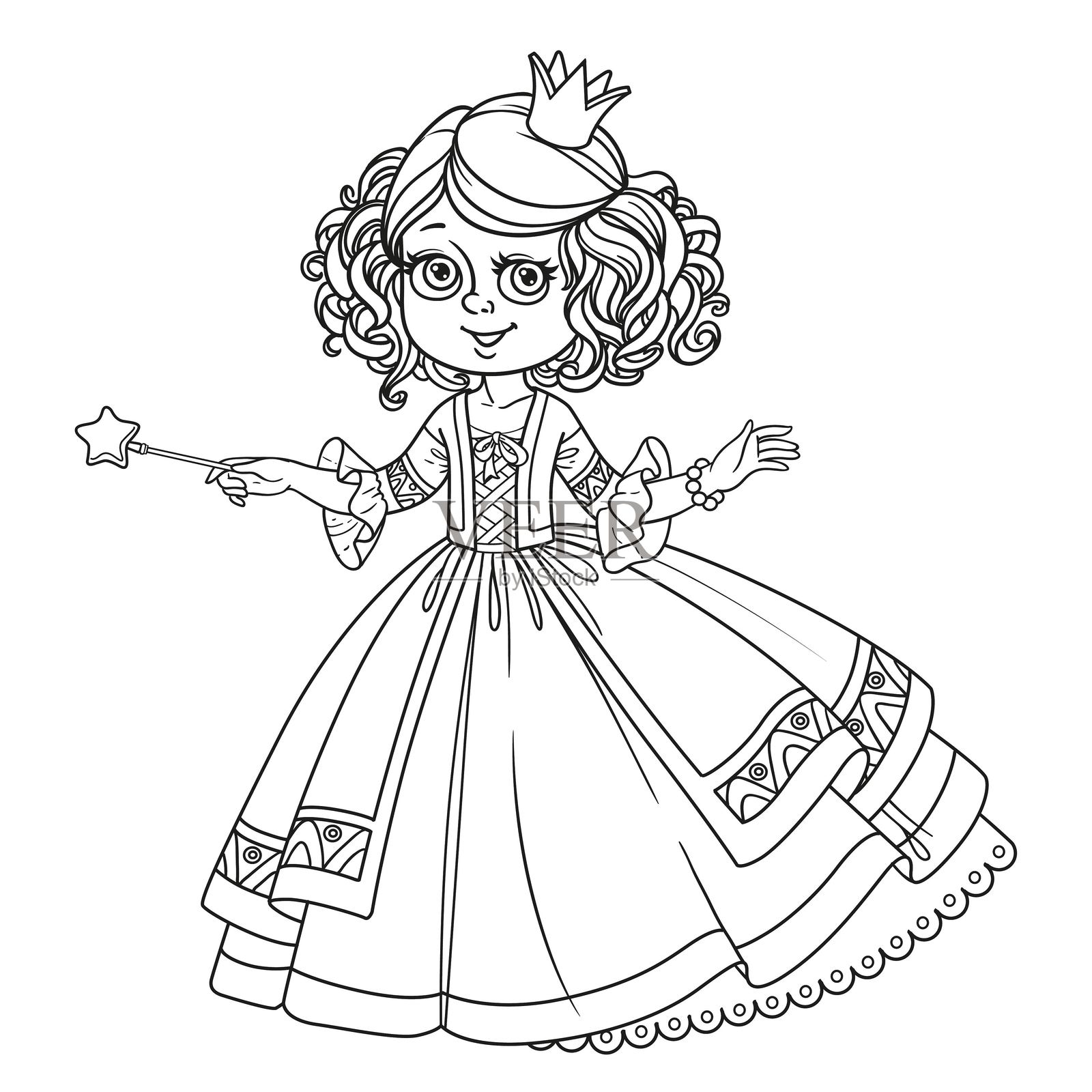 美丽的小公主手持魔法棒，轮廓线条适合涂色书，背景为白色。插画图片素材