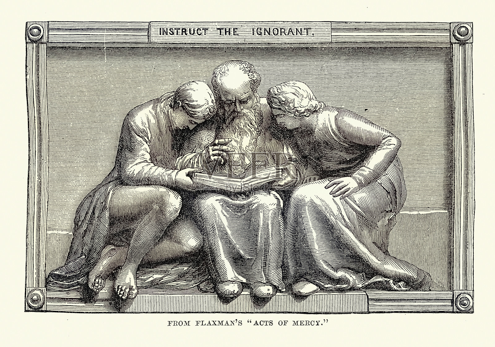 教人识字的男子，约翰·弗拉克斯曼的《慈善行为》，教导无知者，19世纪插画图片素材