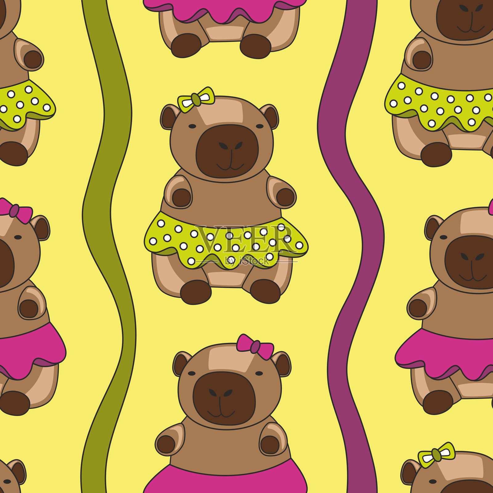 温馨的无缝图案，背景为浅黄色，描绘了穿裙子的水豚。波浪线条。适用于纺织品、包装纸、墙纸设计。面料印刷。儿童背景的矢量图案。插画图片素材