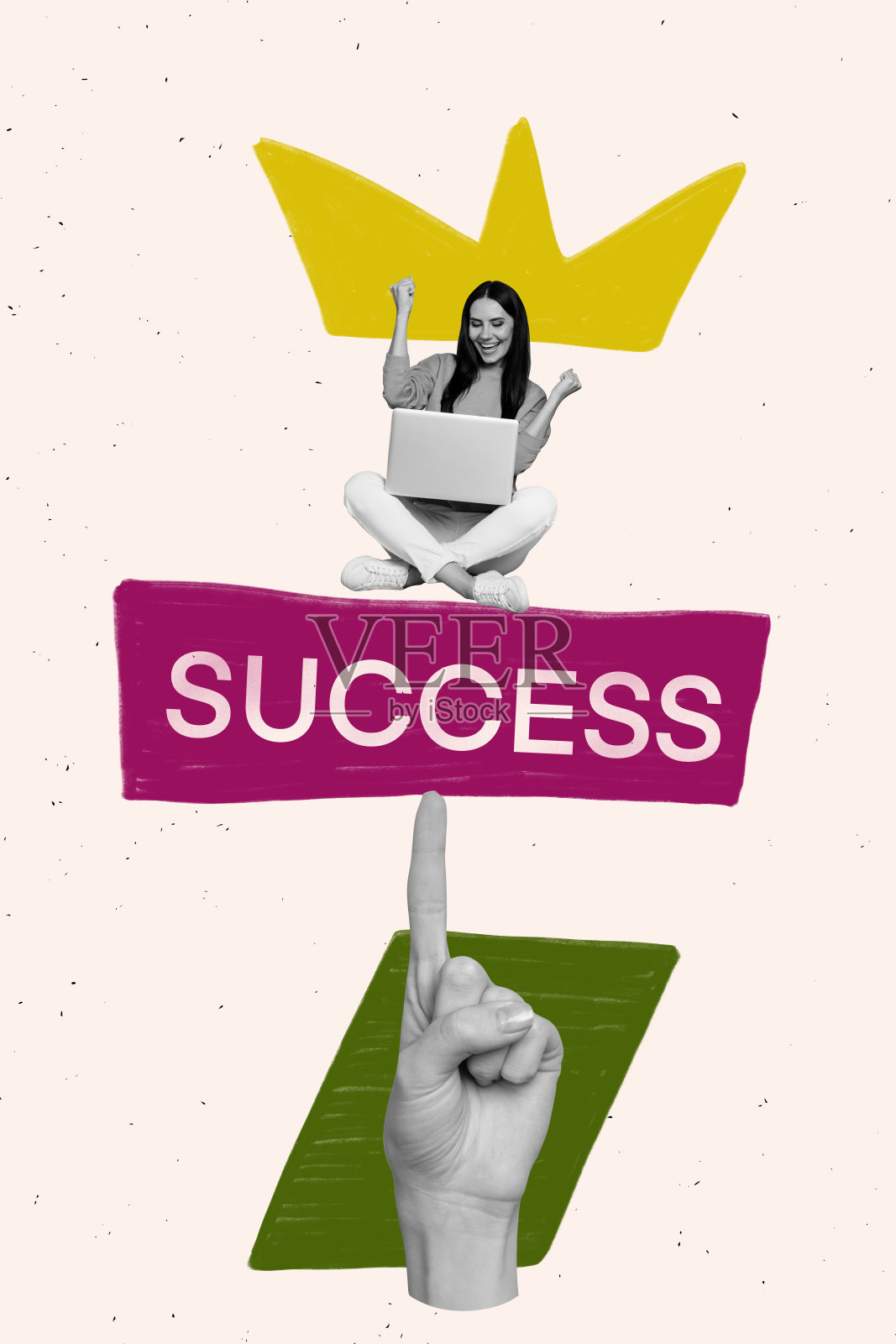 有趣女性成功工作过程的创意趋势拼贴，手指指向奇异的幻想广告牌照片摄影图片