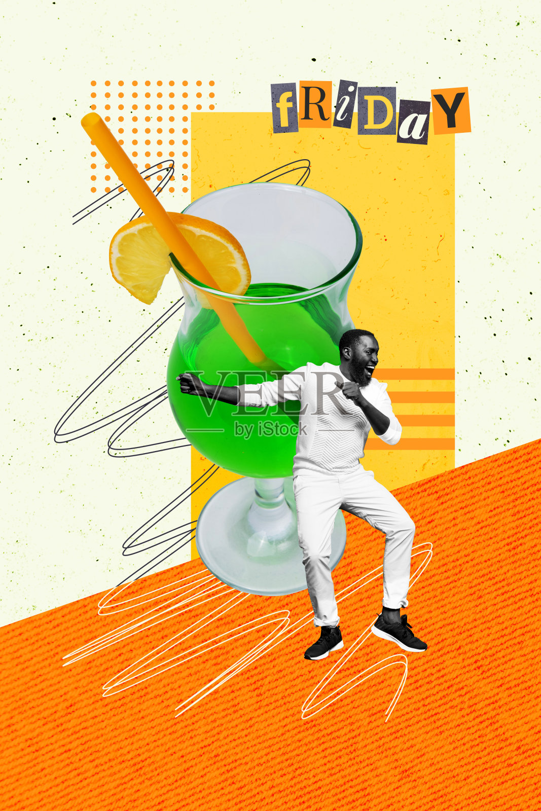 快乐兴奋的美国男士在派对上跳舞，手持巨大的鸡尾酒杯，背景为涂鸦风格的画面。照片摄影图片