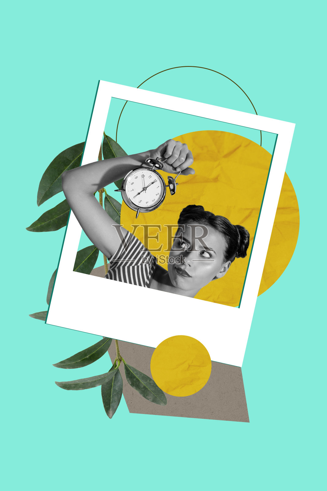 垂直照片拼贴，显示不满疲惫的女孩手持闹钟，置于社交媒体的Instagram帖子中，背景为涂鸦风格。照片摄影图片