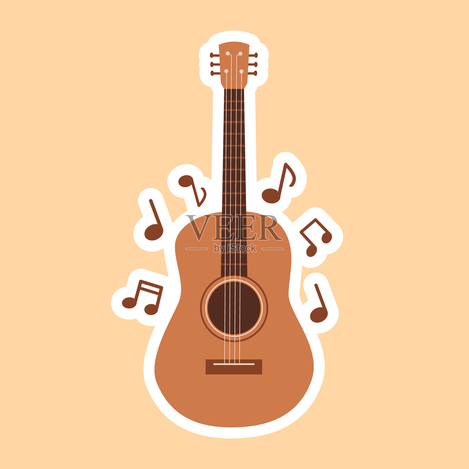 带有音乐符号的吉他贴纸，背景为纯色。矢量插图。插画图片素材