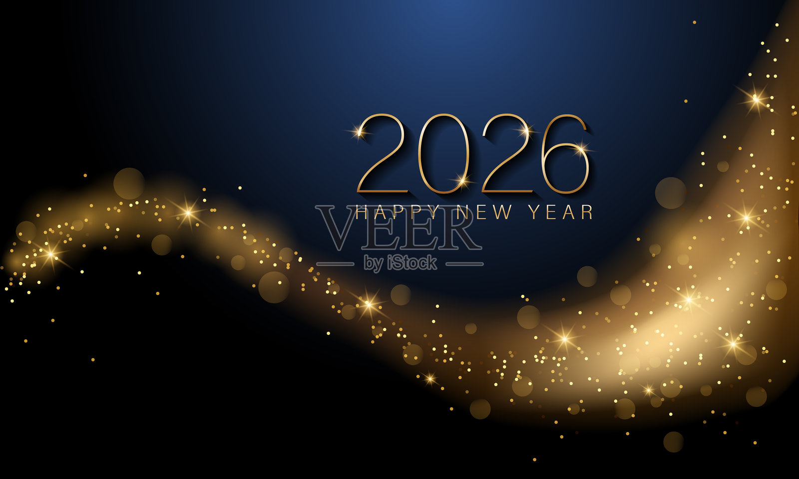 2026年快乐新年背景设计。黑色背景上的金色2026快乐新年字母。矢量插图。插画图片素材