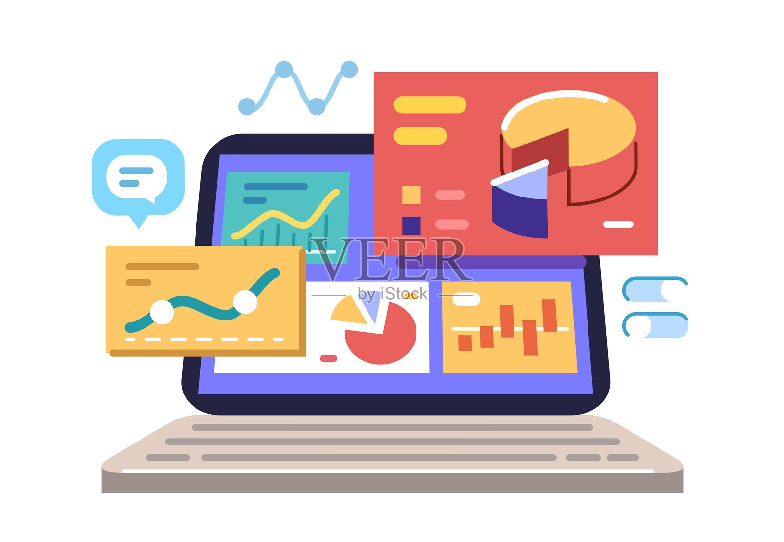 在笔记本电脑上分析图表和数据进行审查。在线统计、财务分析、商业管理插画图片素材