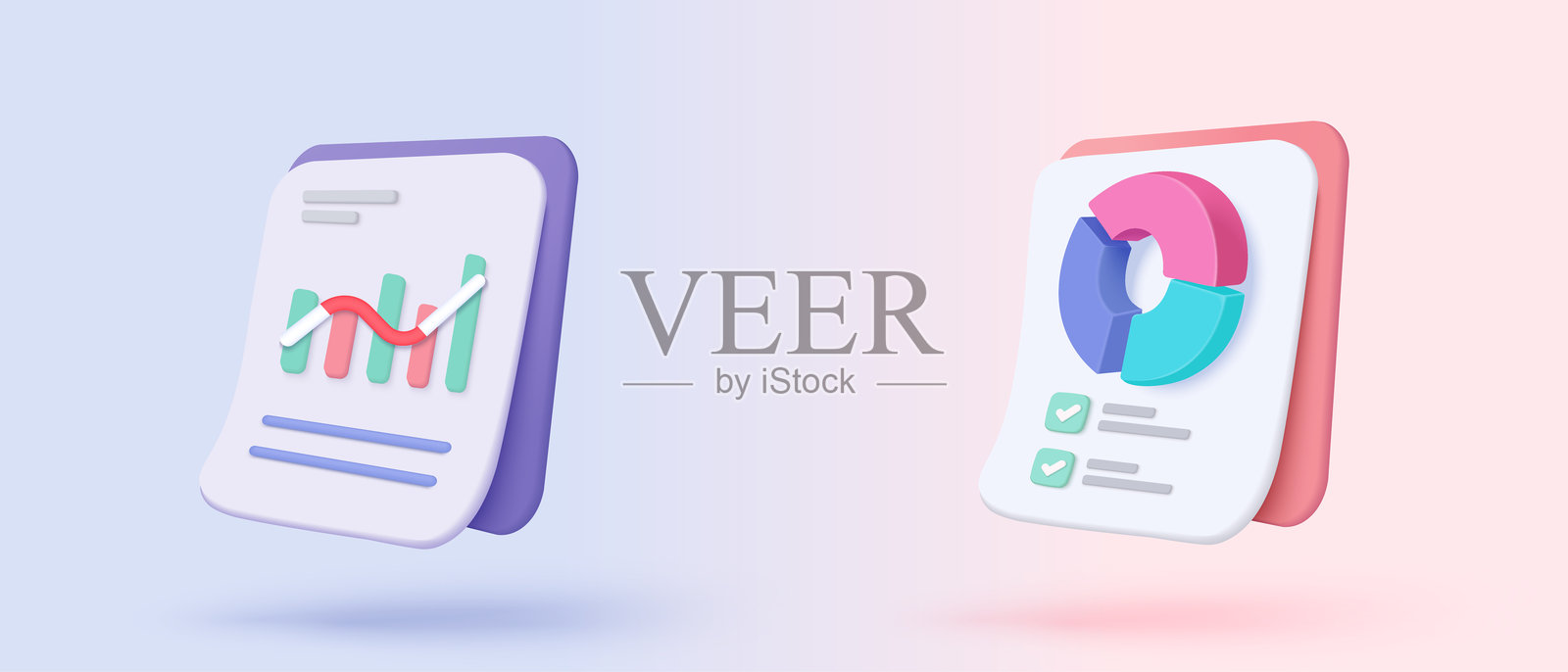 投资图表报告的3D统计图标。创意解决方案概念，背景为柔和色调。商业、银行、金融的目标。3D分析投资图表矢量图标渲染插图。插画图片素材