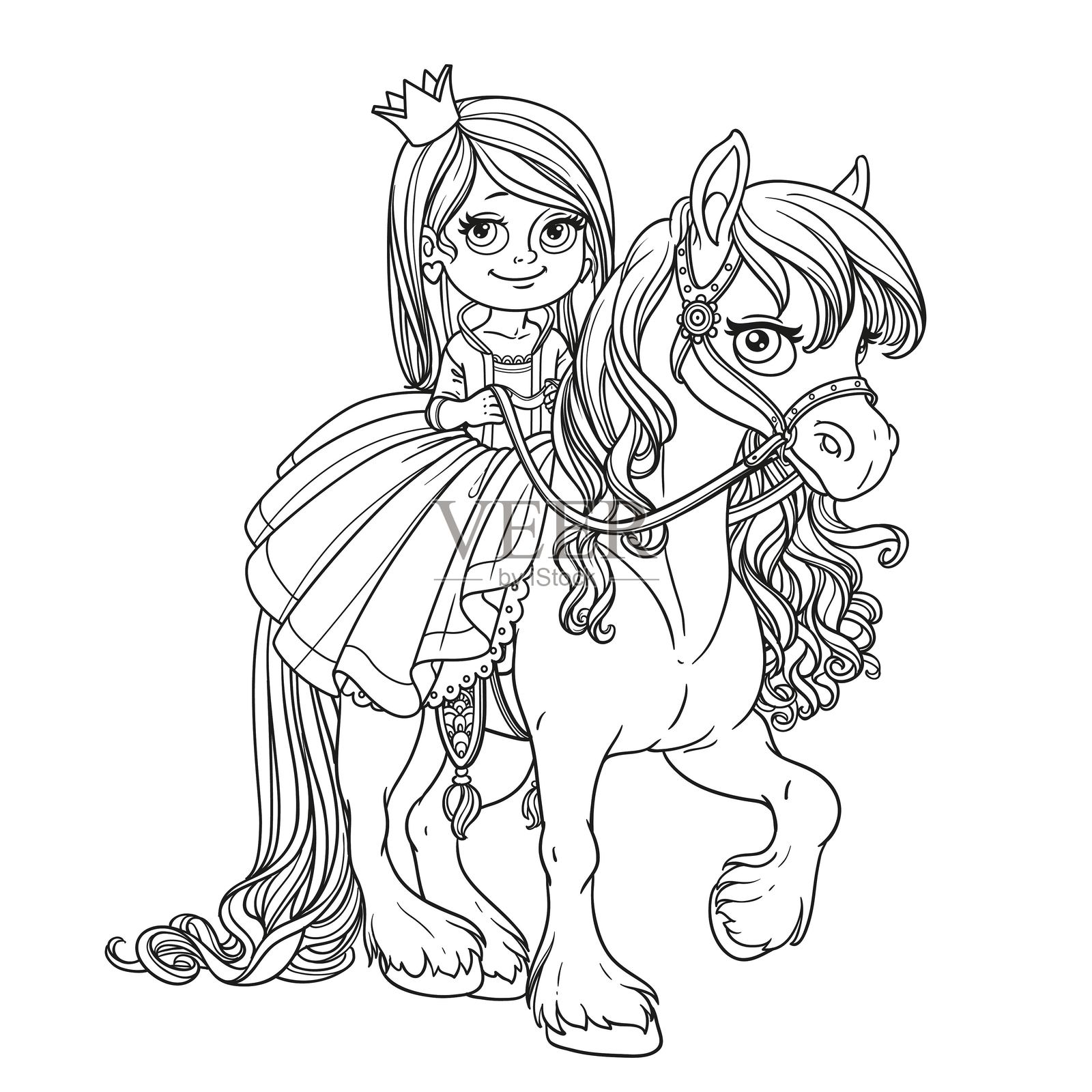 美丽的小公主骑在马背上，轮廓适合涂色插画图片素材