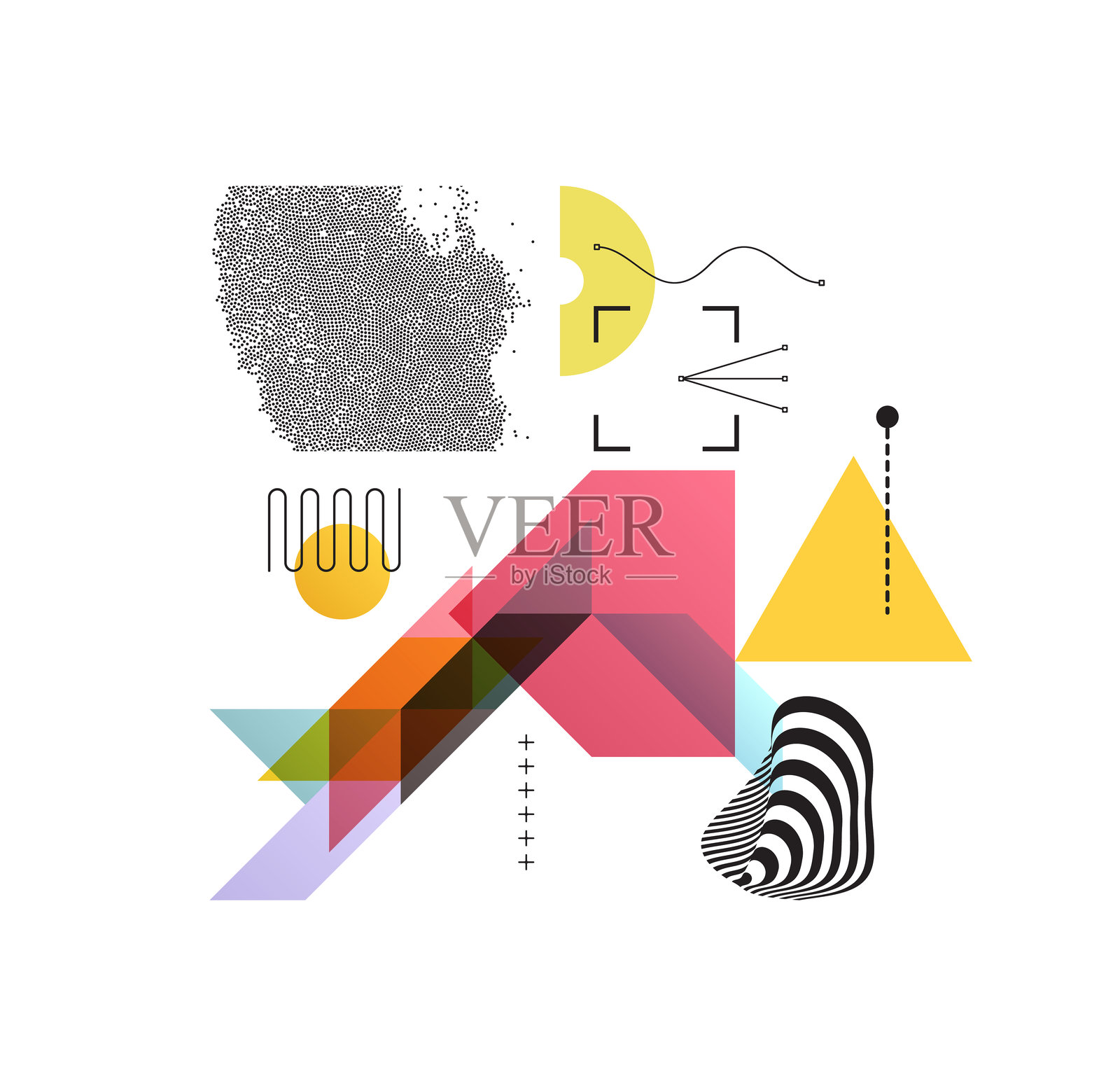 混乱移动的黑点背景。几何构图的平面彩色半透明图形相互重叠。动态矢量插图适用于演示、横幅、传单和小册子。插画图片素材