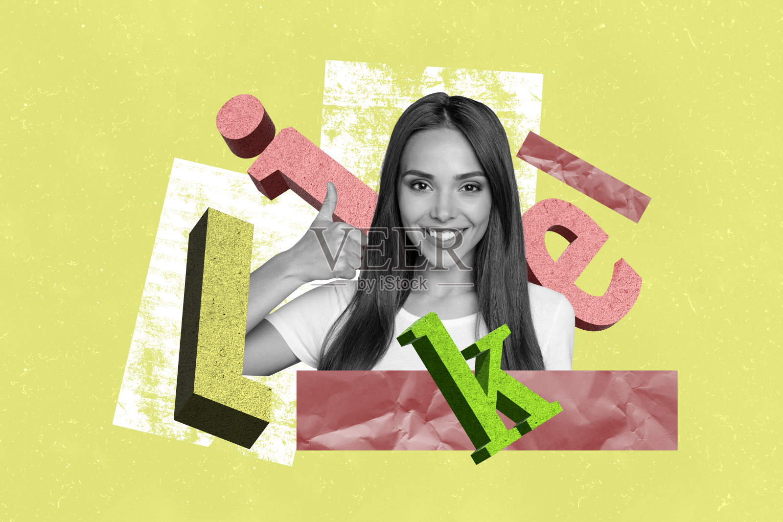 快乐女孩的拼贴照片，竖起大拇指，推荐概念，像是非语言反馈标志，背景为涂鸦风格。照片摄影图片