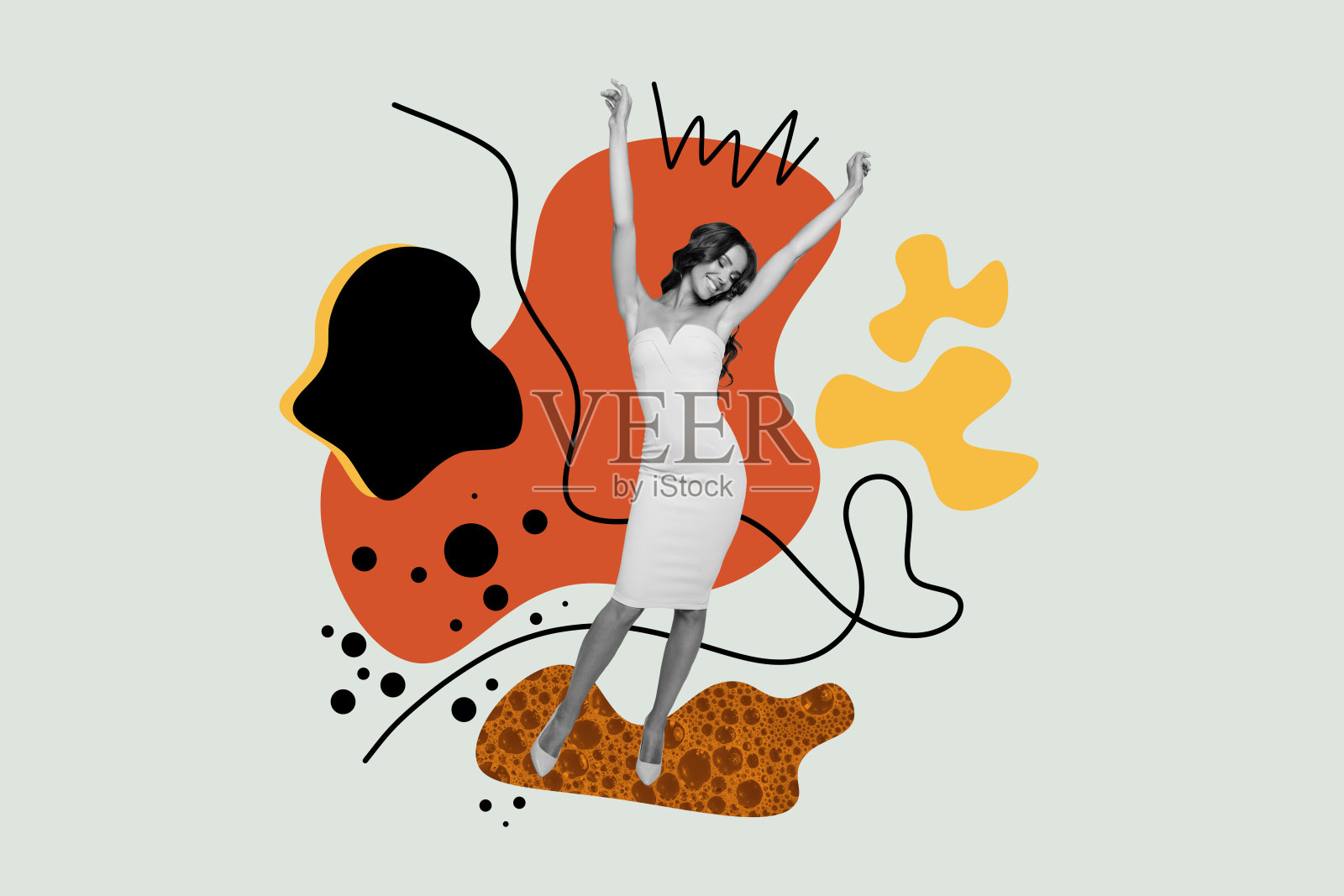 创意图片拼贴，快乐迷人的女士举起双手，积极的心情，周末欢庆，微笑与欢笑，绘画背景照片摄影图片