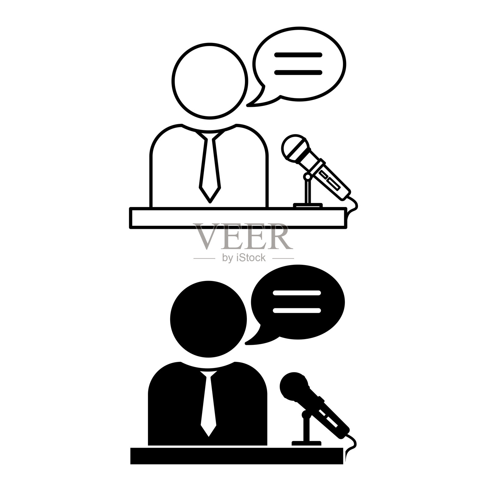 演讲图标。黑白矢量插图。穿着领带的男士对着麦克风讲话。报告、会议、研讨会。演讲概念插画图片素材