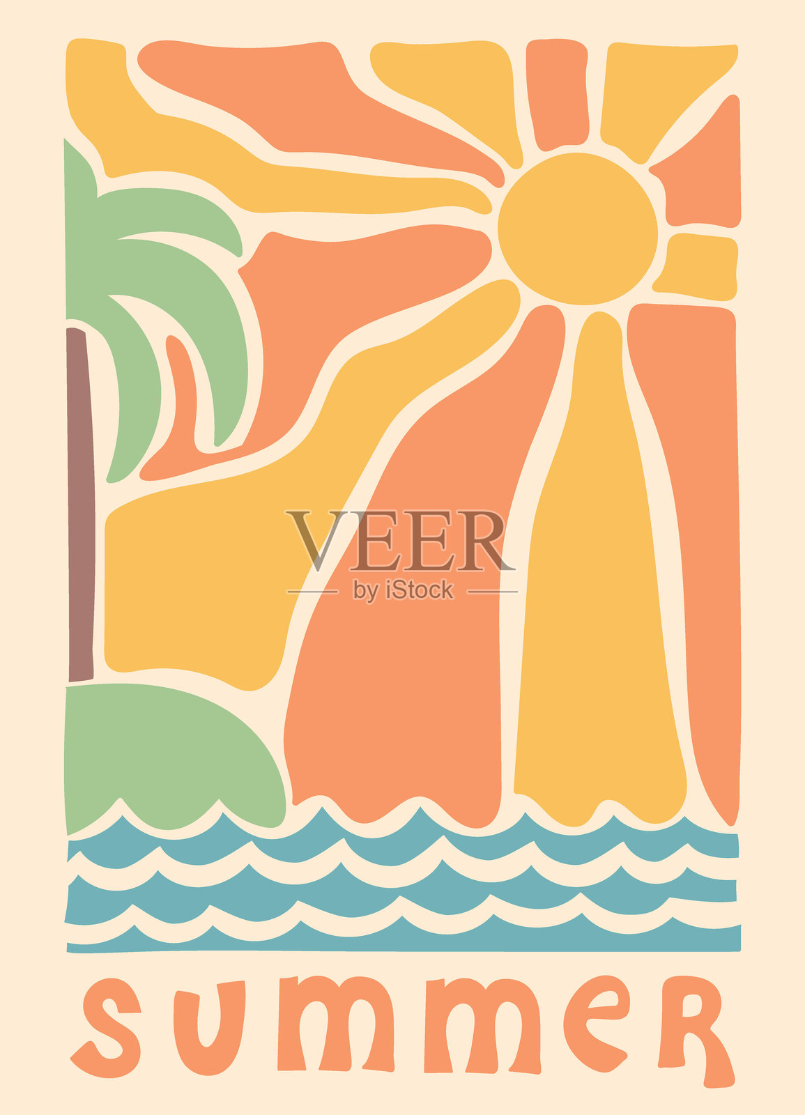 棕榈树海滩，阳光与海洋。时髦的嬉皮阳光卡片。抽象复古海报，天真风格。七十年代，时髦背景。嬉皮美学。矢量印刷。插画图片素材