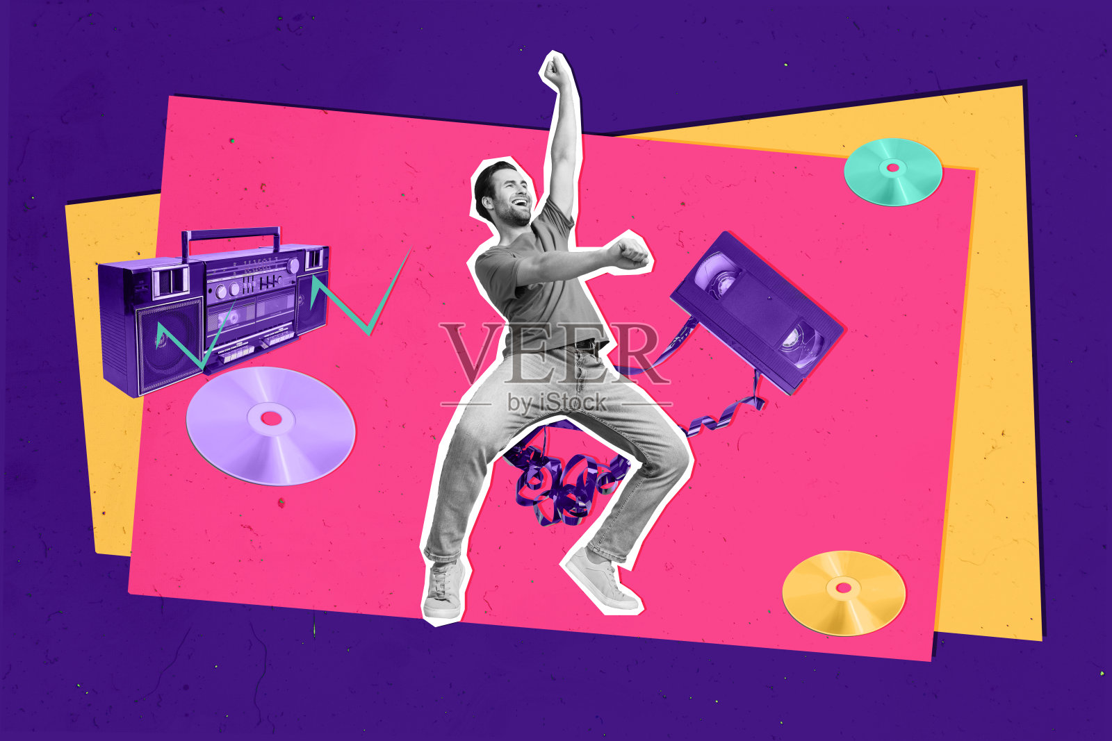 无忧无虑、快乐、愉快的男人在夜总会跳舞、听音乐，背景为涂鸦风格的图像拼贴。照片摄影图片