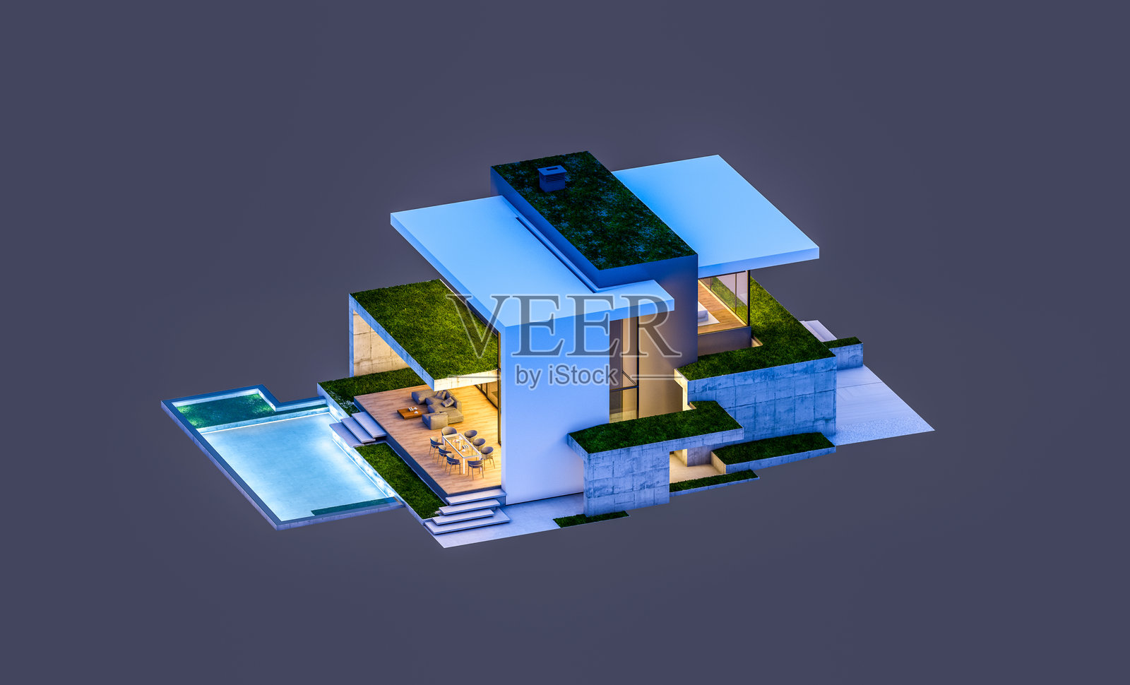 夜间孤立在黑色背景上的平顶房屋，配有停车位和游泳池照片摄影图片