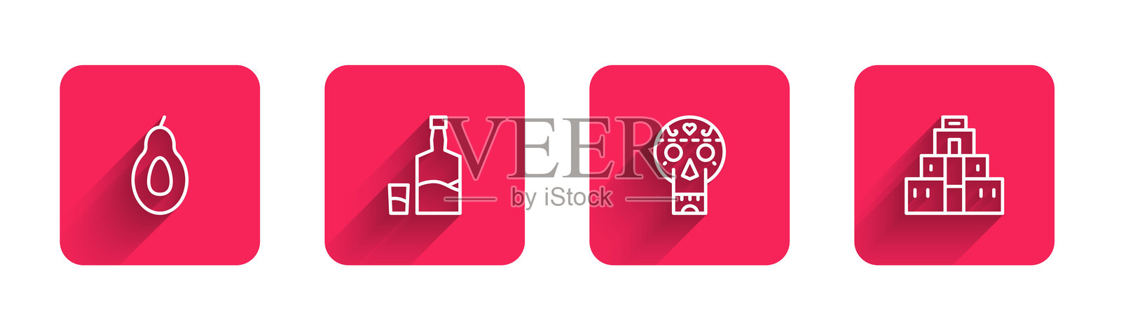 鳄梨、龙舌兰酒瓶和酒杯、墨西哥骷髅以及长阴影下的奇琴伊察玛雅遗址。红色方形按钮。矢量图。插画图片素材