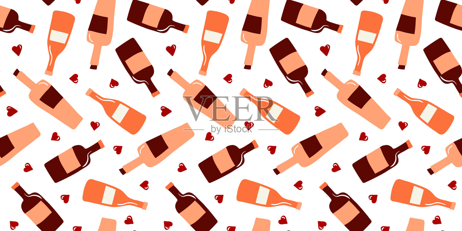 简单华丽的无缝图案，包含葡萄酒、酒精、香槟瓶和心形图案，白色抽象背景，适合卡片设计和壁纸。插画图片素材