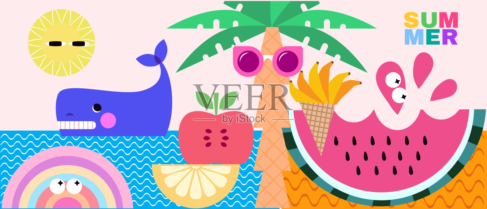 夏季概念设计抽象背景，适用于酒吧、咖啡馆或餐厅菜单、海报、网页横幅、社交媒体帖子、商业产品的时尚图标，矢量可爱扁平插图插画图片素材