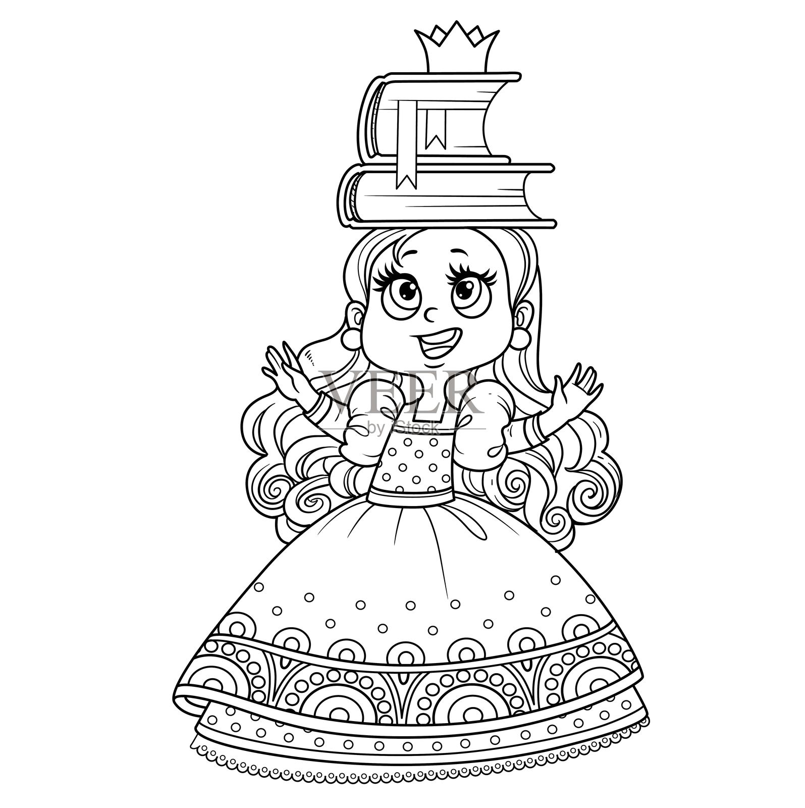 可爱的公主穿着舞会礼服，头顶放着书本练习姿势，轮廓线条适合涂色书。插画图片素材