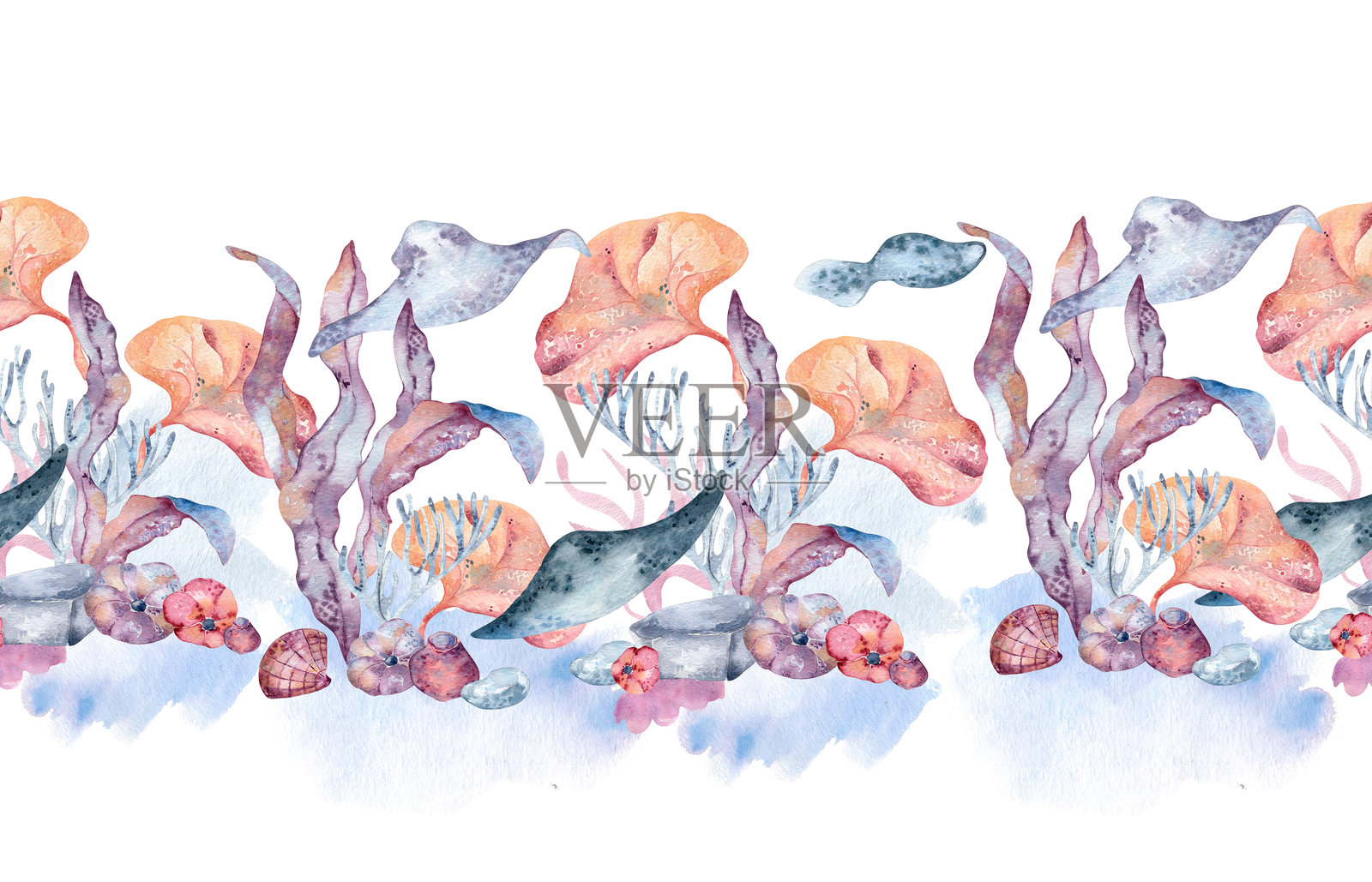 色彩斑斓的水彩无缝海洋边框，配有生动的海藻和鱼类，独立呈现。手绘热带海洋植物的重复纹理，采用鲜艳的橙色和珊瑚色调，适合异国风情的品牌形象。插画图片素材