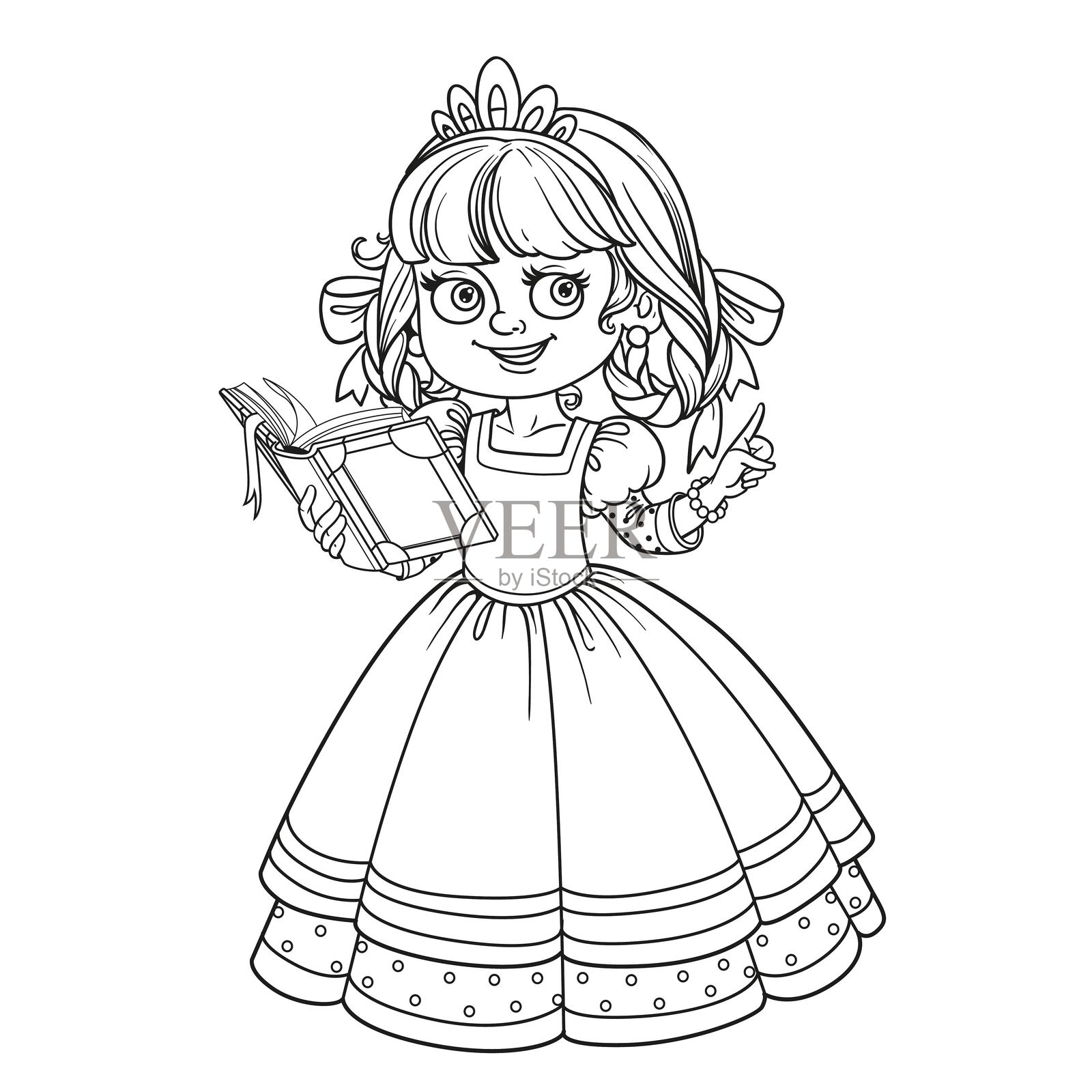 美丽的公主阅读书籍的轮廓图，适合涂色书使用插画图片素材