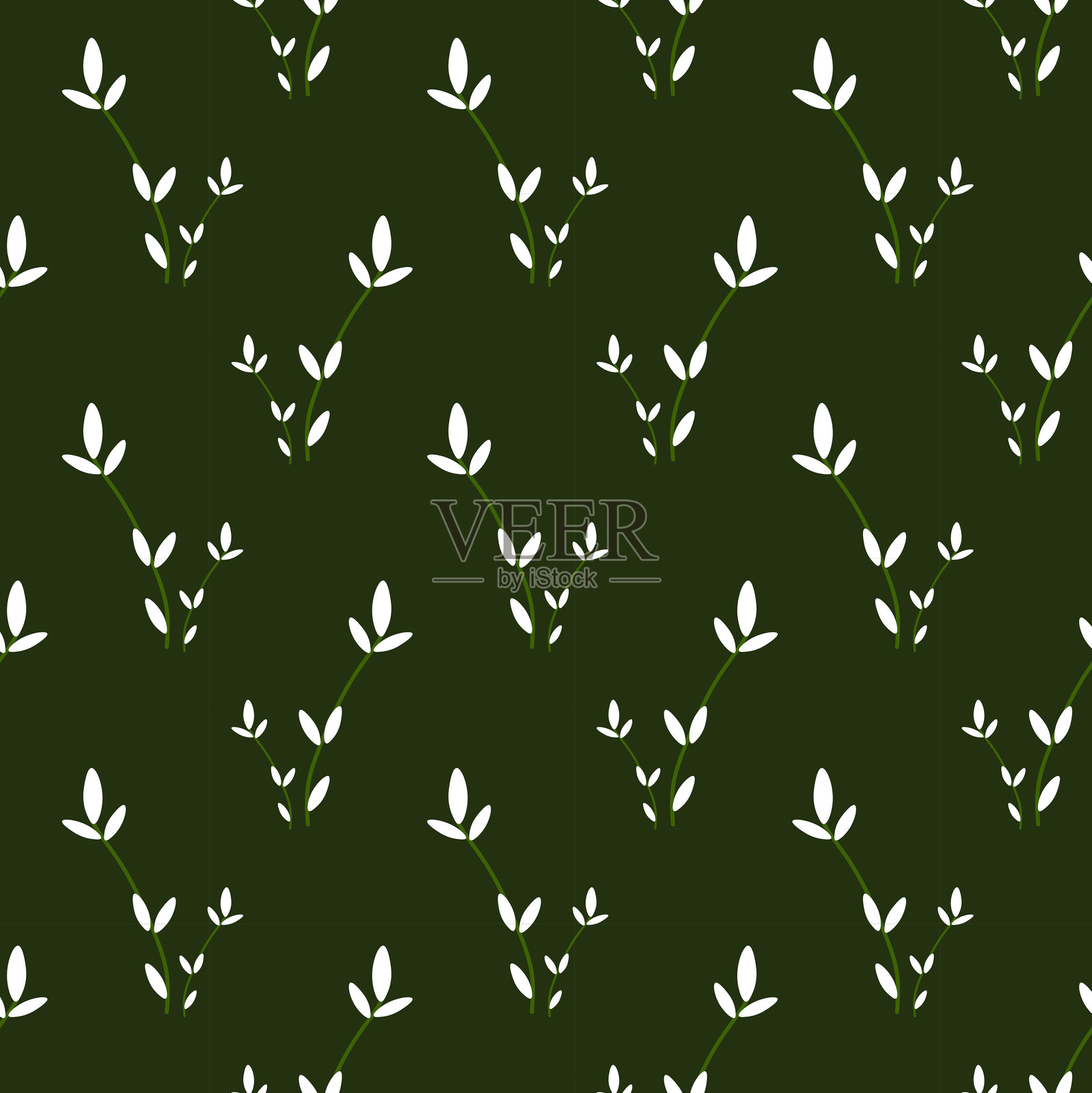 深绿色背景上白色叶子枝条的无缝图案，适合儿童和成人的面料、笔记本、文具以及自然灵感的产品设计。插画图片素材