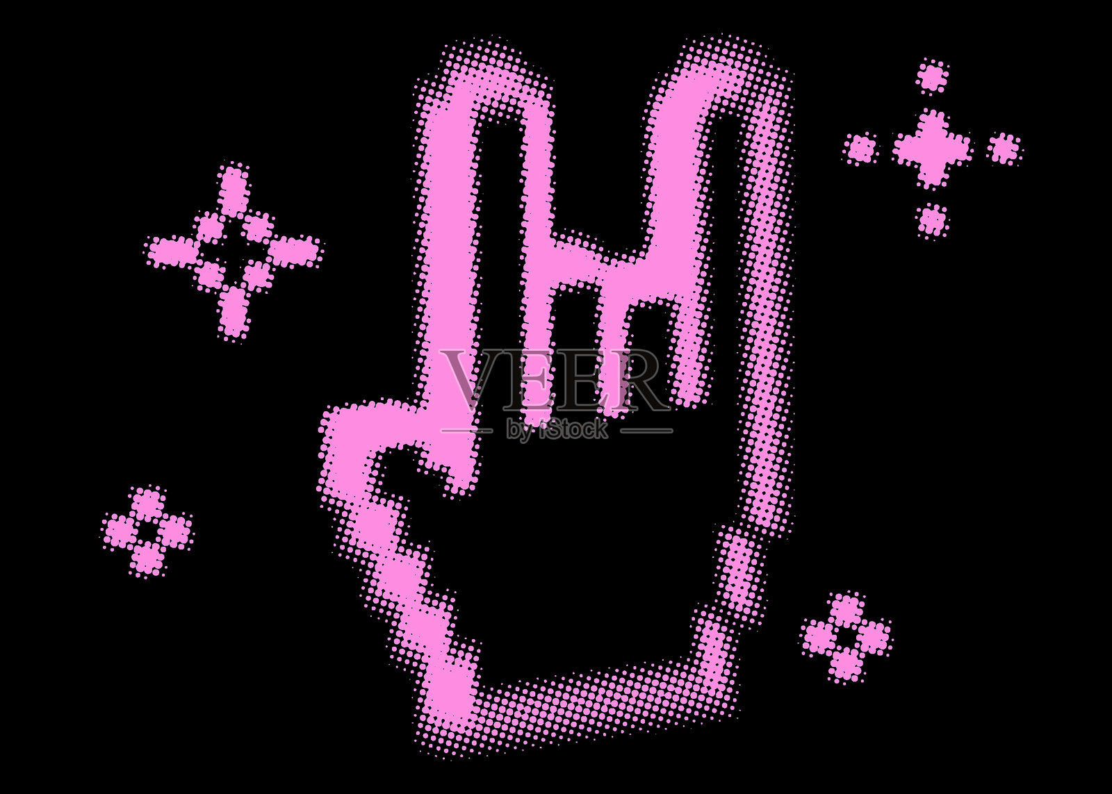 黑色背景上的风格化摇滚手矢量插图。摇滚明星半色调点阵图案插画图片素材