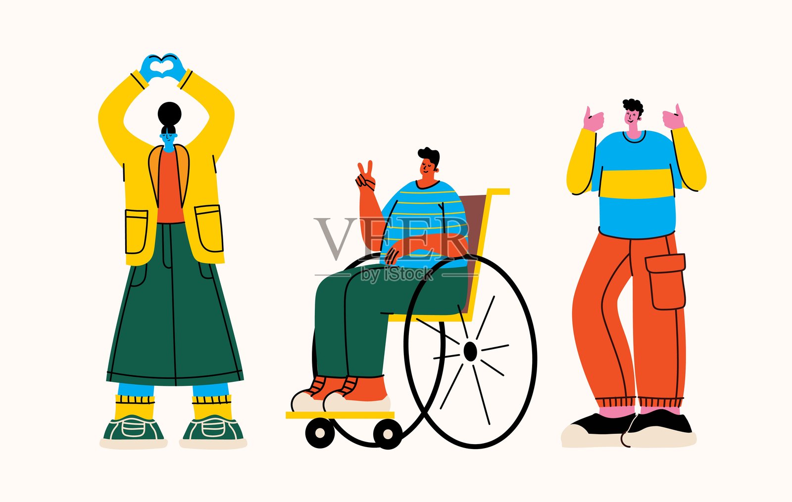 残疾人士的帮助与多样性。使用拐杖和轮椅的残疾人与朋友或志愿者见面。残疾、援助和多元社会概念的矢量插图。插画图片素材