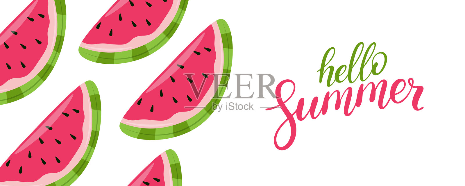 夏季你好横幅。手写字母和西瓜片。夏季背景用于夏季创意图形设计。插画图片素材