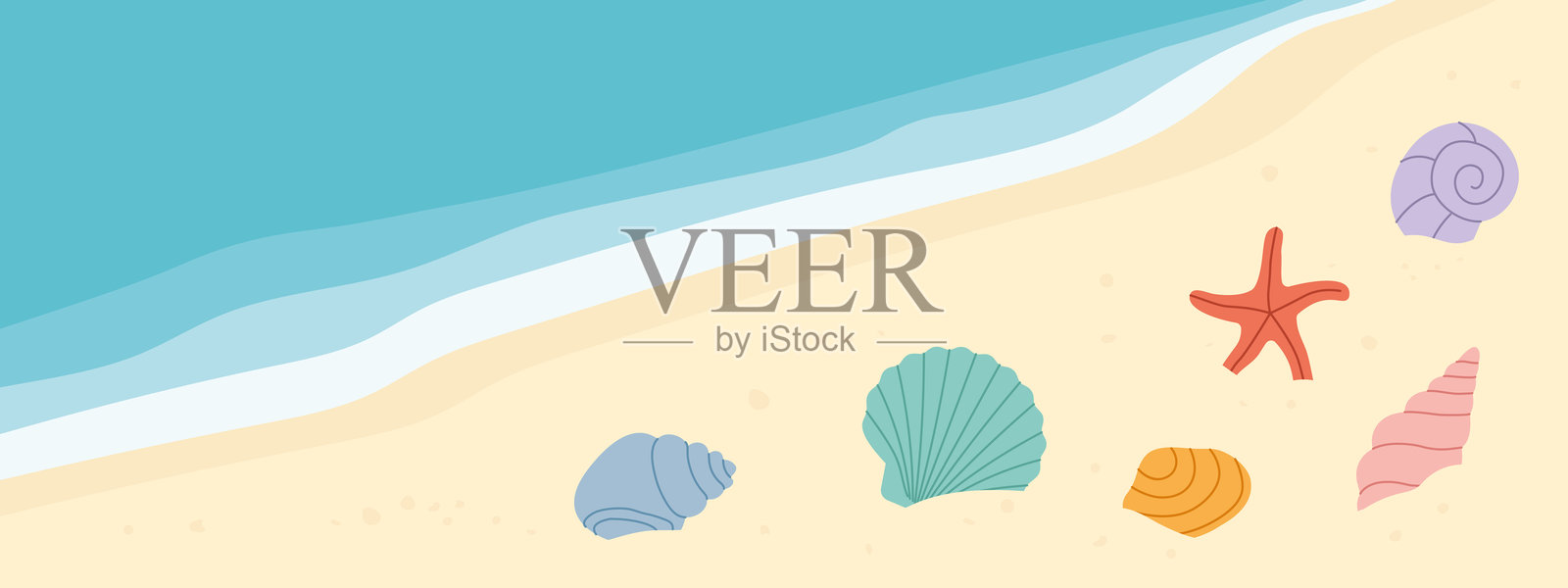 夏季横幅热带海滩和五彩缤纷的海贝壳；非常适合度假主题图形、旅游促销或季节性营销材料插画图片素材