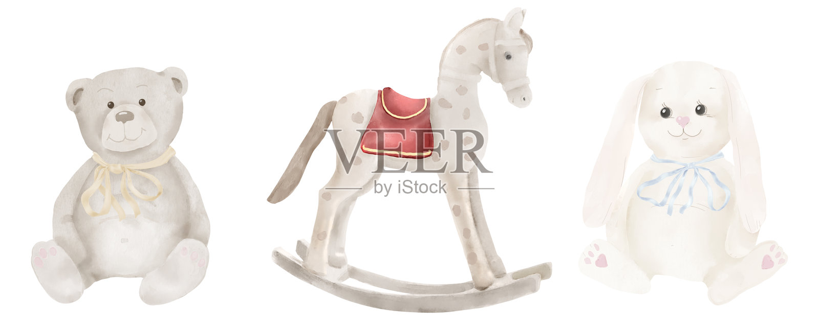 一只毛绒兔子和一匹摇摇马，系着蝴蝶结的泰迪熊，儿童玩具。水彩插图。一组可爱的玩具动物，独立于白色背景。适合儿童主题。插画图片素材